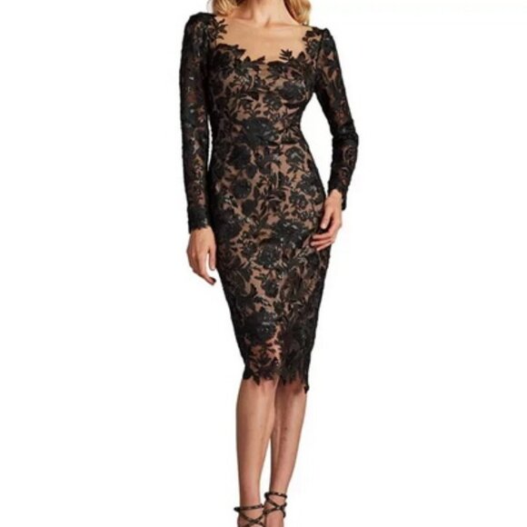 Tadashi Shoji Black Nude Senoia Sequin Embroidered Illusion Dress - Picture 1 of 4